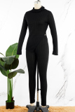 Black Casual Solid Slit Turtleneck Long Sleeve Two Pieces