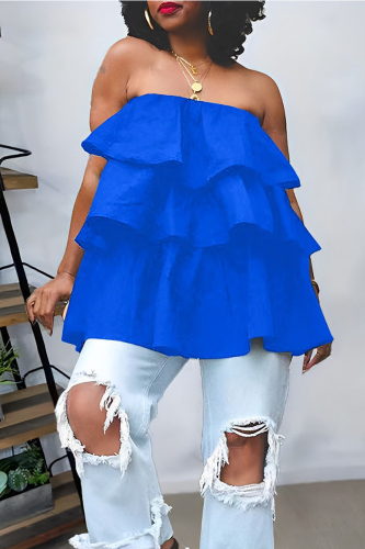 Blue Casual Street Solid Patchwork Backless Off the Shoulder Tops Blue Casual Street Solid Patchwork Backless Off the Shoulder Tops
