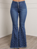 Blue Casual Buckle Beading Mid Waist Regular Denim Jeans