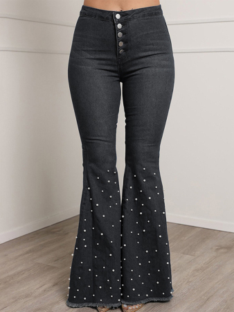 Black Gray Casual Buckle Beading Mid Waist Regular Denim Jeans