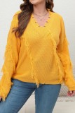 Yellow Casual Solid Tassel V Neck Plus Size Tops