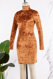 Coffee Casual Solid Patchwork Turtleneck Long Sleeve Dresses