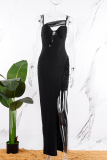 Black Sexy Solid Hollowed Out Backless Slit Spaghetti Strap Long Dress Dresses