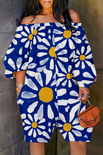 Blue Casual Print Patchwork Off the Shoulder Regular Romper