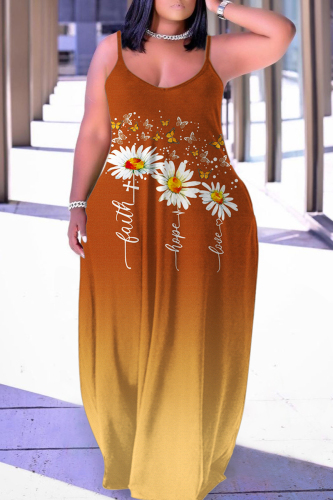 Coffee Sexy Casual Print Backless Spaghetti Strap Long Dress
