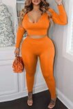 Orange Casual Solid Basic U Neck Long Sleeve Two Pieces
