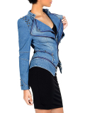 Blue Casual Solid Zipper Turndown Collar Long Sleeve Regular Denim Jacket
