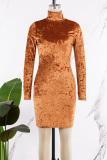 Coffee Casual Solid Patchwork Turtleneck Long Sleeve Dresses