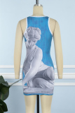 Blue Casual Print Patchwork O Neck Sleeveless Dress Dresses