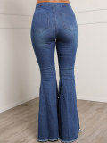 Blue Casual Buckle Beading Mid Waist Regular Denim Jeans