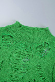 Green Casual Solid Ripped Hollowed Out Half A Turtleneck Short Sleeve Two Pieces