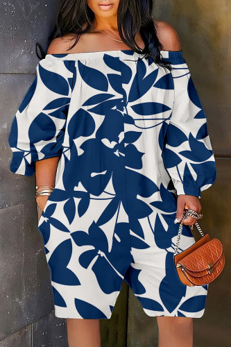 Deep Blue Casual Print Patchwork Off the Shoulder Regular Romper