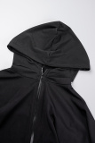 Black Casual Solid Patchwork See-through Hooded Collar Sleeveless Two Pieces