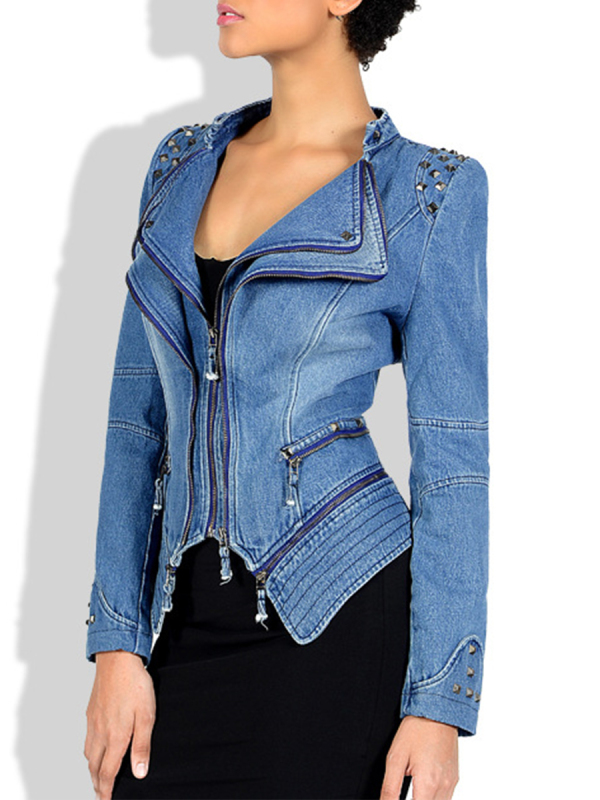 Blue Casual Solid Zipper Turndown Collar Long Sleeve Regular Denim Jacket