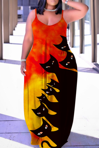 Tangerine Red Sexy Casual Print Backless Spaghetti Strap Long Dress
