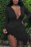 Black Casual Solid Patchwork Feathers V Neck Long Sleeve Dresses