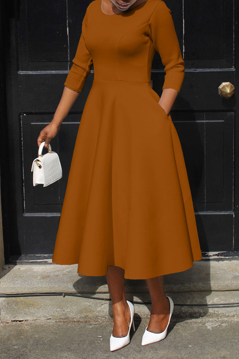 Fashion Casual Solid Patchwork O Neck A Line Dresses(5 Colors)