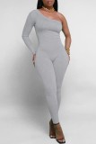 White Casual Solid Backless Oblique Collar Skinny Jumpsuits