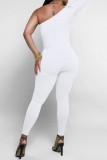 White Casual Solid Backless Oblique Collar Skinny Jumpsuits