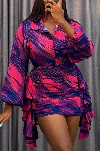 Rose Red Casual Print Patchwork Turndown Collar Long Sleeve Two Pieces