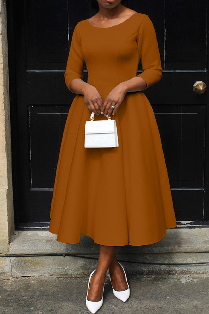 Elegant Solid Patchwork O Neck A Line Dresses main image 1