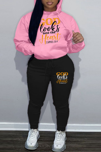 Pink Casual Print Patchwork Hooded Collar Plus Size Two Pieces