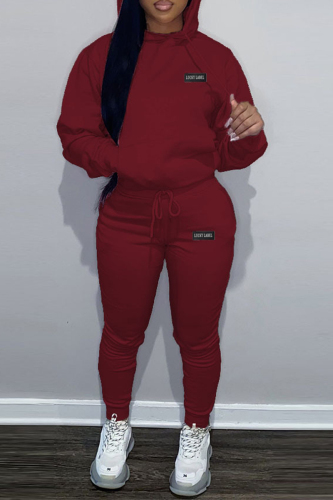 Burgundy Casual Letter Patchwork Draw String Pocket Hooded Collar Long Sleeve Two Pieces