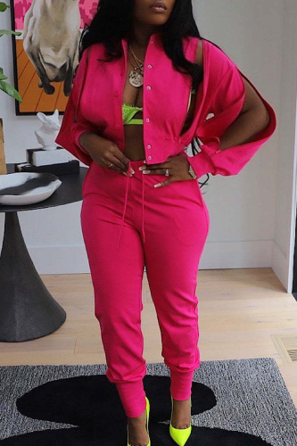 Rose Red Sweet Street Solid Hollowed Out Patchwork Draw String Buckle Mandarin Collar Long Sleeve Two Pieces