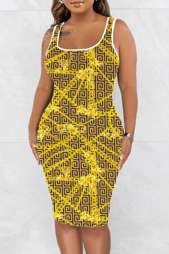 Gold Casual Print Basic U Neck Vest Dress Dresses