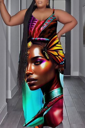 Brown Sexy Casual Print Backless Spaghetti Strap Long Dress Plus Size Dresses