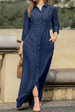 Deep Blue Elegant Solid Buckle Solid Color Turndown Collar Long Sleeve Loose Denim Dresses