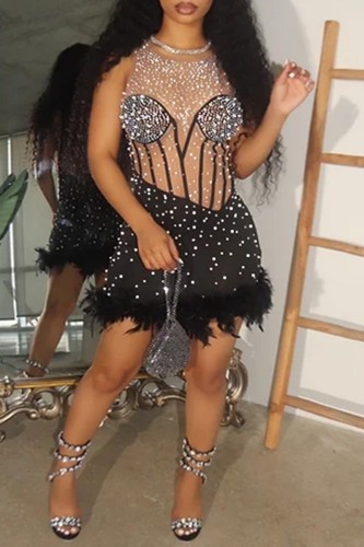 Black Sexy Patchwork See-through Hot Drill O Neck Skinny Romper