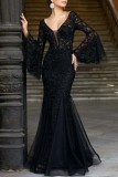 Black Sexy Formal Solid Embroidered V Neck Trumpet Mermaid Dresses