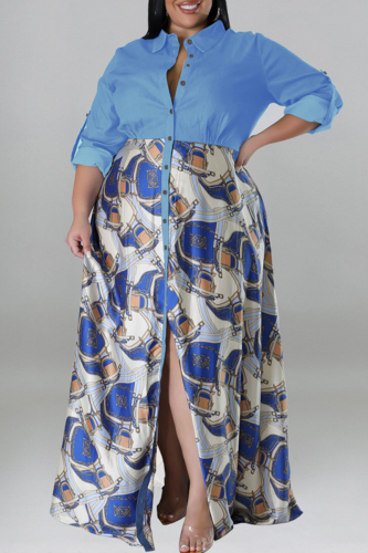 Milky Casual Sweet Print Patchwork Buckle Turndown Collar Long Sleeve Plus Size Dresses