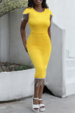 Yellow Casual Solid Tassel Patchwork Slit O Neck Short Sleeve Dress