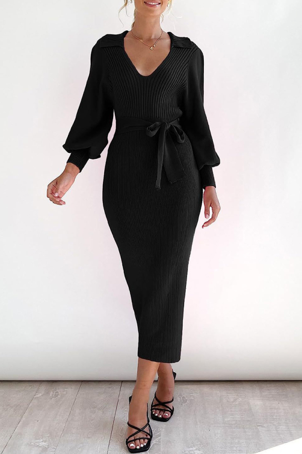 Black Sexy Elegant Solid Frenulum V Neck Wrapped Skirt Dresses