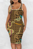 Gold Casual Print Basic U Neck Vest Dress Dresses