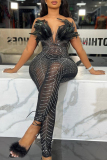 Black Sexy Party Elegant Patchwork See-through Feathers Hot Drill Skinny Jumpsuits