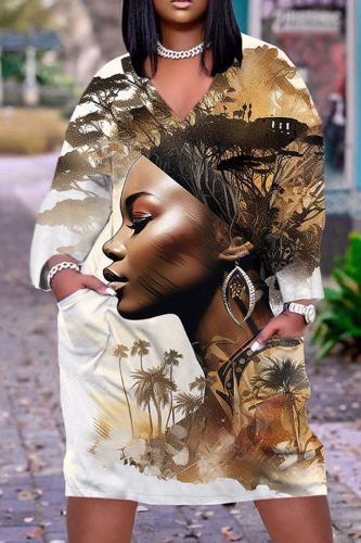 Light Brown Casual Print Patchwork V Neck Long Sleeve Dresses