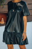 Black Casual Street Solid Flounce O Neck Short Sleeve Dress