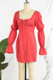 Red Casual Solid Frenulum Square Collar Long Sleeve Dresses
