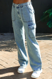 Blue Casual Street Solid Pocket Loose Denim Jeans