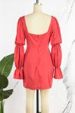 Red Casual Solid Frenulum Square Collar Long Sleeve Dresses