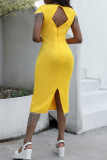 Yellow Casual Solid Tassel Patchwork Slit O Neck Short Sleeve Dress