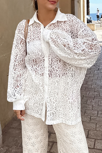 White Sexy Solid Lace Hollowed Out Turndown Collar Tops