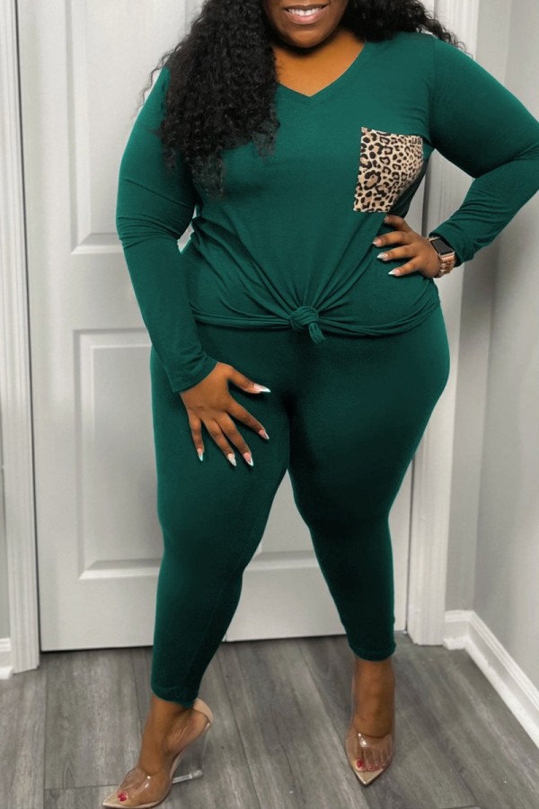 Ink Green Casual Leopard Patchwork V Neck Plus Size Two Pieces