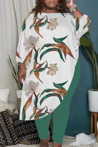 Green Plus Size Casual Print Patchwork Oblique Collar Plus Size Two Pieces