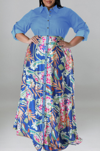 Royal Blue Casual Sweet Print Patchwork Buckle Turndown Collar Long Sleeve Plus Size Dresses