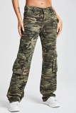 Army Green Casual Camouflage Print Patchwork Mid Waist Denim Jeans