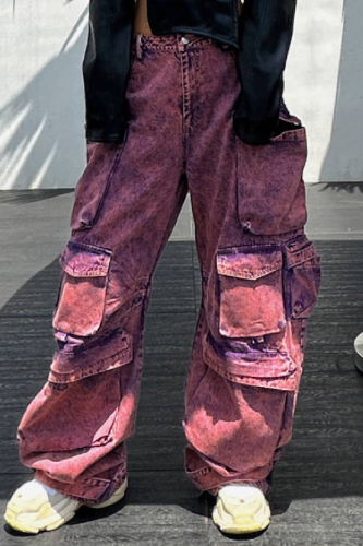 Purple Casual Solid Patchwork Regular High Waist Conventional Patchwork Trousers